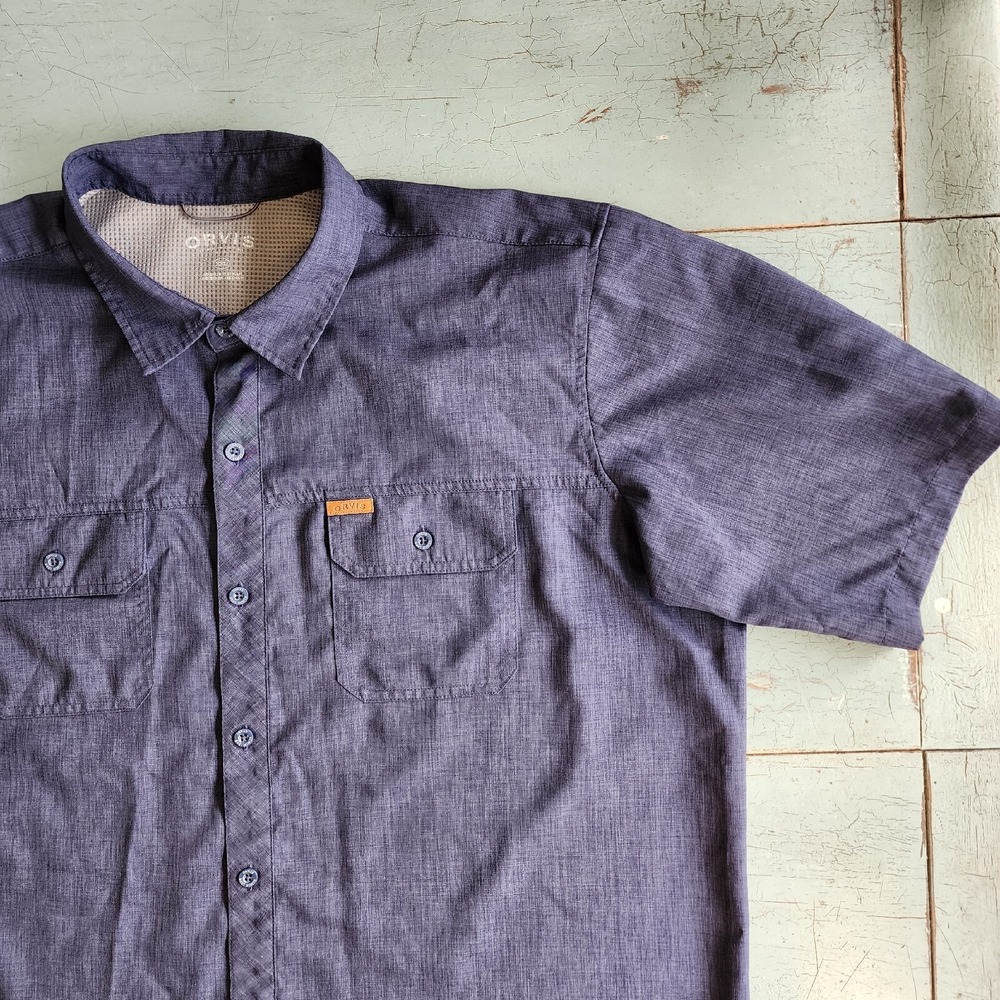 Orvis Men's 2XL Casual Navy Blue Fishing Outdoor Short Sleeve Button‎ Up